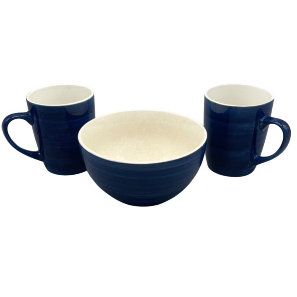 JCPenney Home Collection Blue Ceramic 2 Mugs & 1 Bowl Set READ